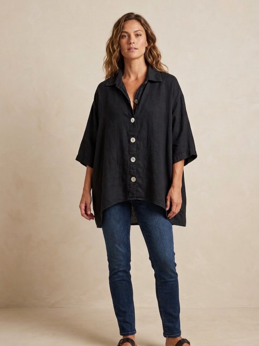 Cut Loose Linen 100% Pearl Buttons Artsy Lagenlook Tunic Shirt , L/XL